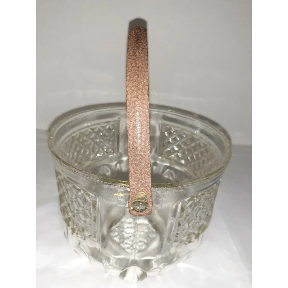 Vtg Barware Glass Ice Bucket Diamond w/Rustic Hammered Metal Handle